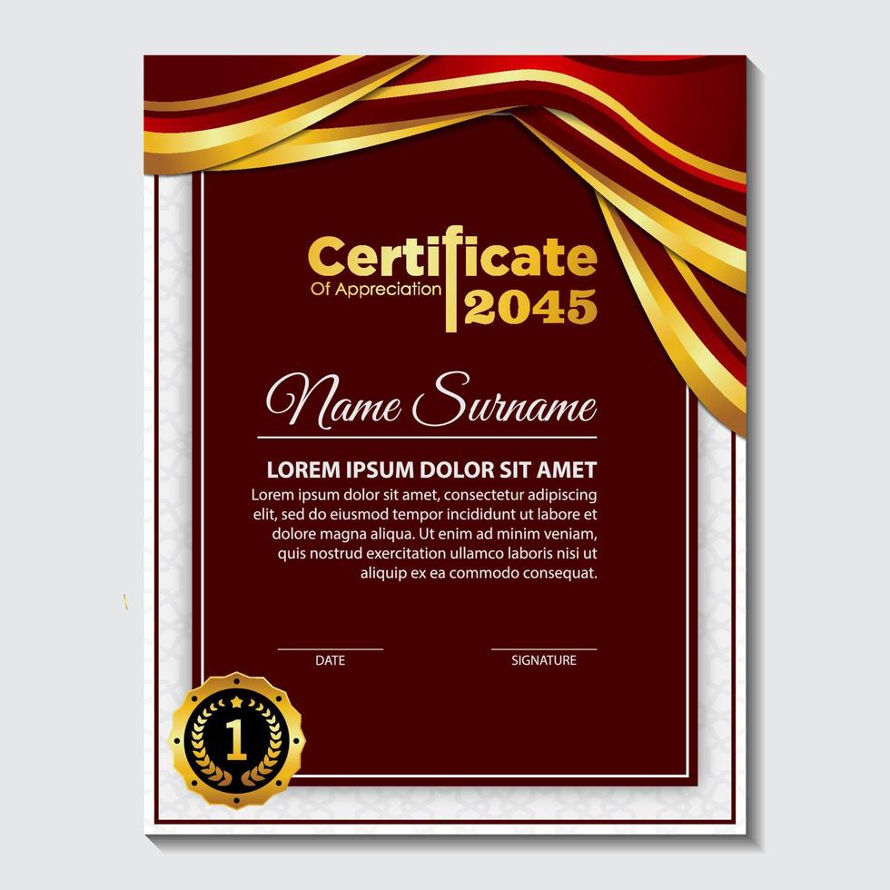 award sjablooncertificaat, gouden kleur en rood verloop. bevat een modern certificaat met een gouden badge. vector