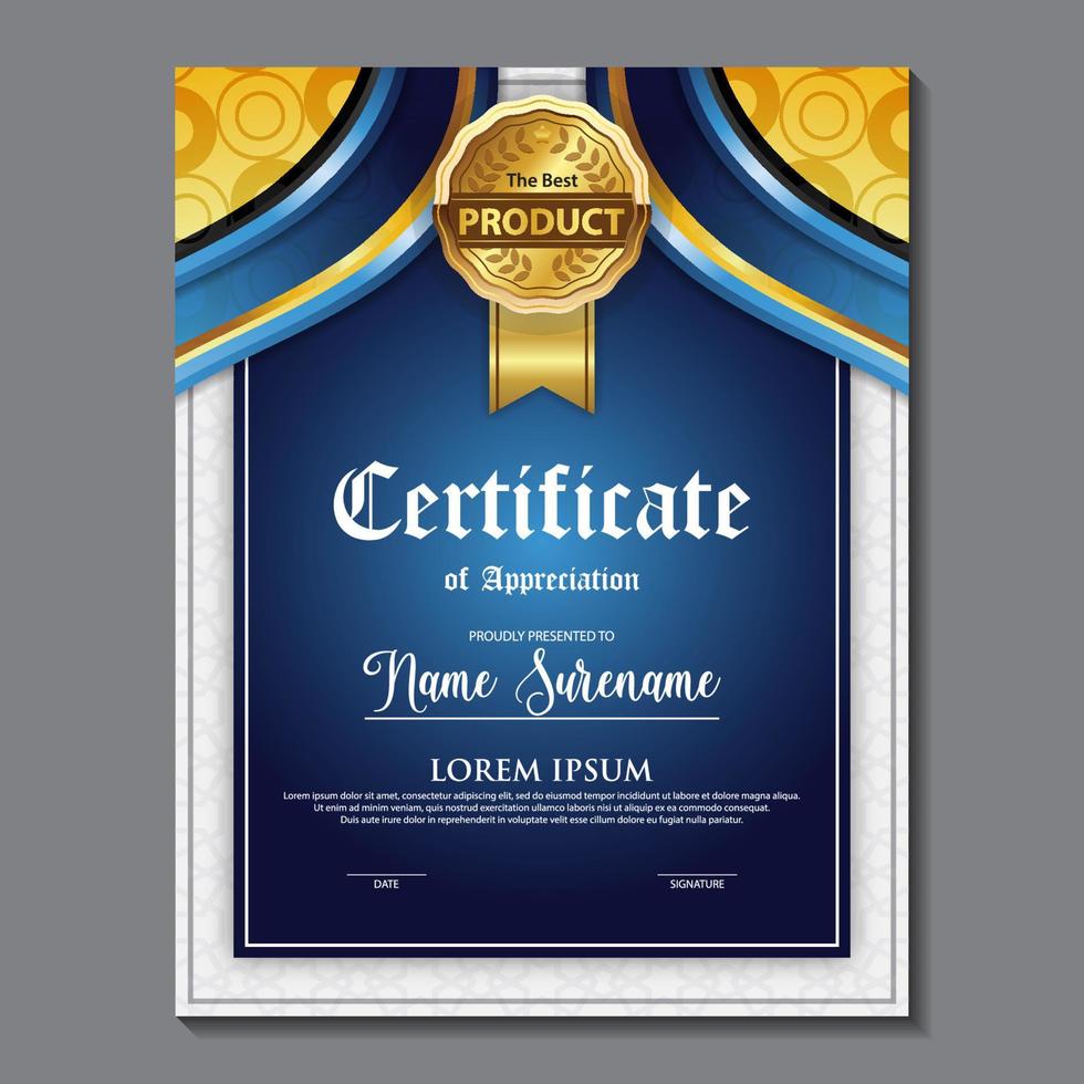 award sjabloon certificaat, gouden kleur en blauw verloop. bevat een modern certificaat met een gouden badge. vector