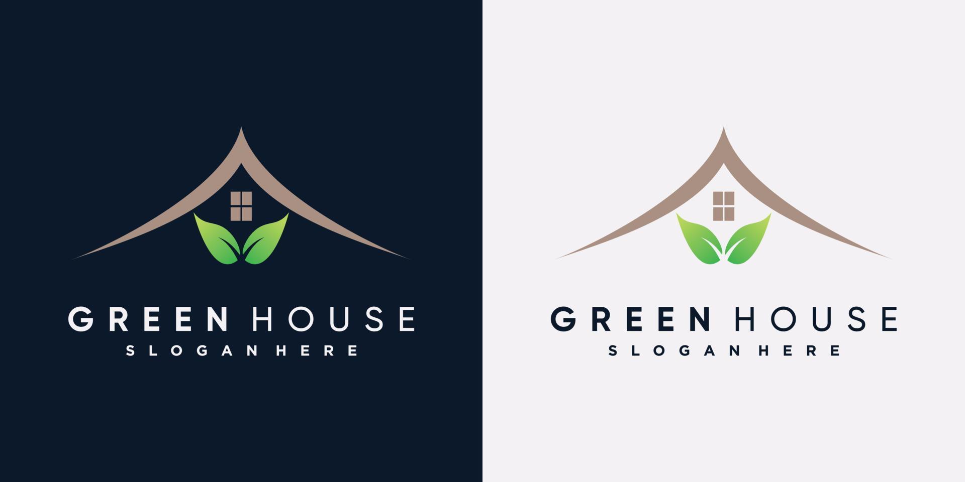 groen huis logo ontwerpsjabloon met bladelement en creatief concept vector