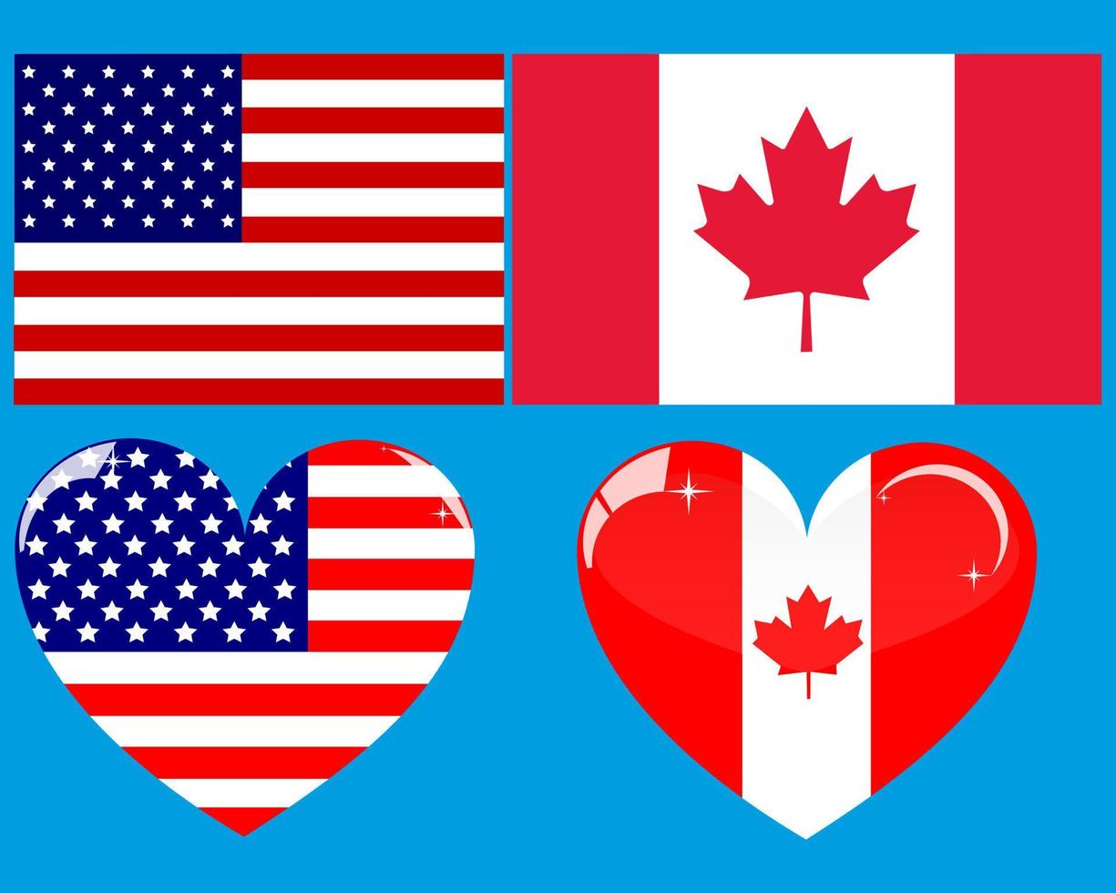 twee vlaggen en twee amerikaans canadees hart op een witte achtergrond vector