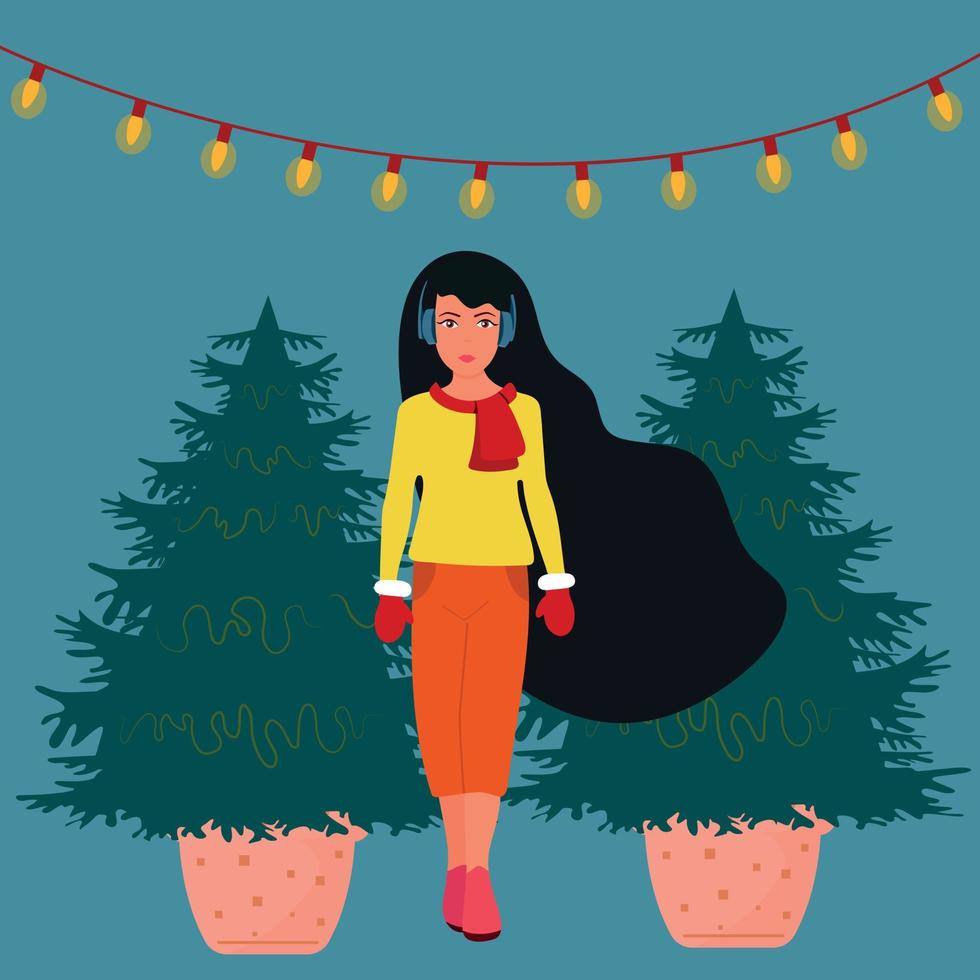 het kerstgeluk van de vrouw. kerstboom, geschenken. vectorillustratie. vector