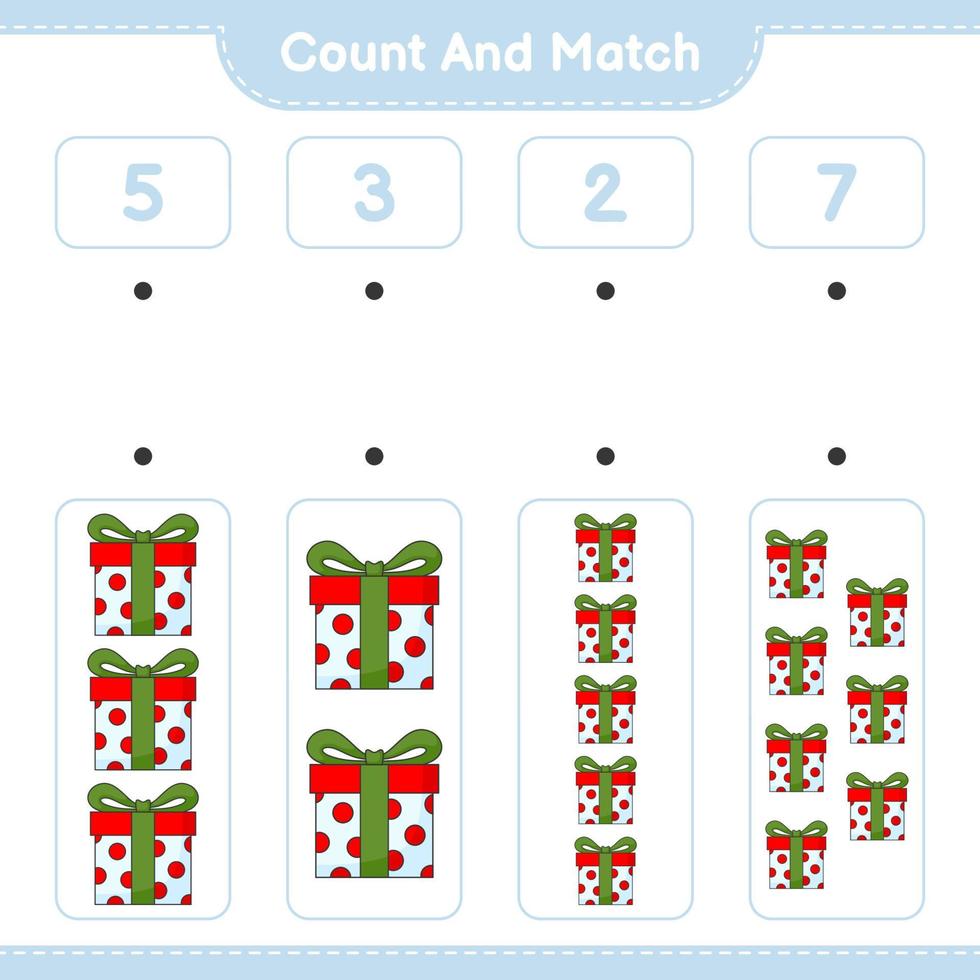 tel en match, tel het aantal geschenkverpakkingen en match met de juiste nummers. educatief kinderspel, afdrukbaar werkblad, vectorillustratie vector