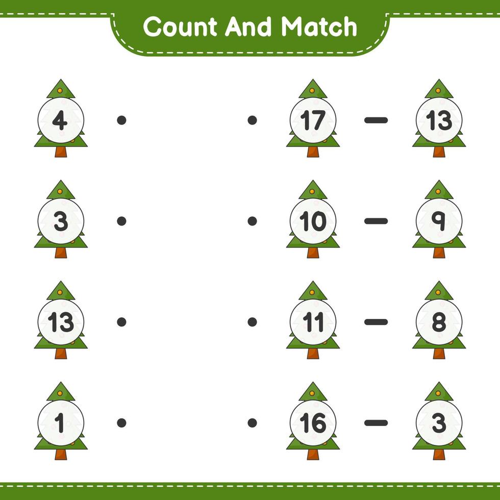 tel en match, tel het aantal kerstboom en match met de juiste nummers. educatief kinderspel, afdrukbaar werkblad, vectorillustratie vector