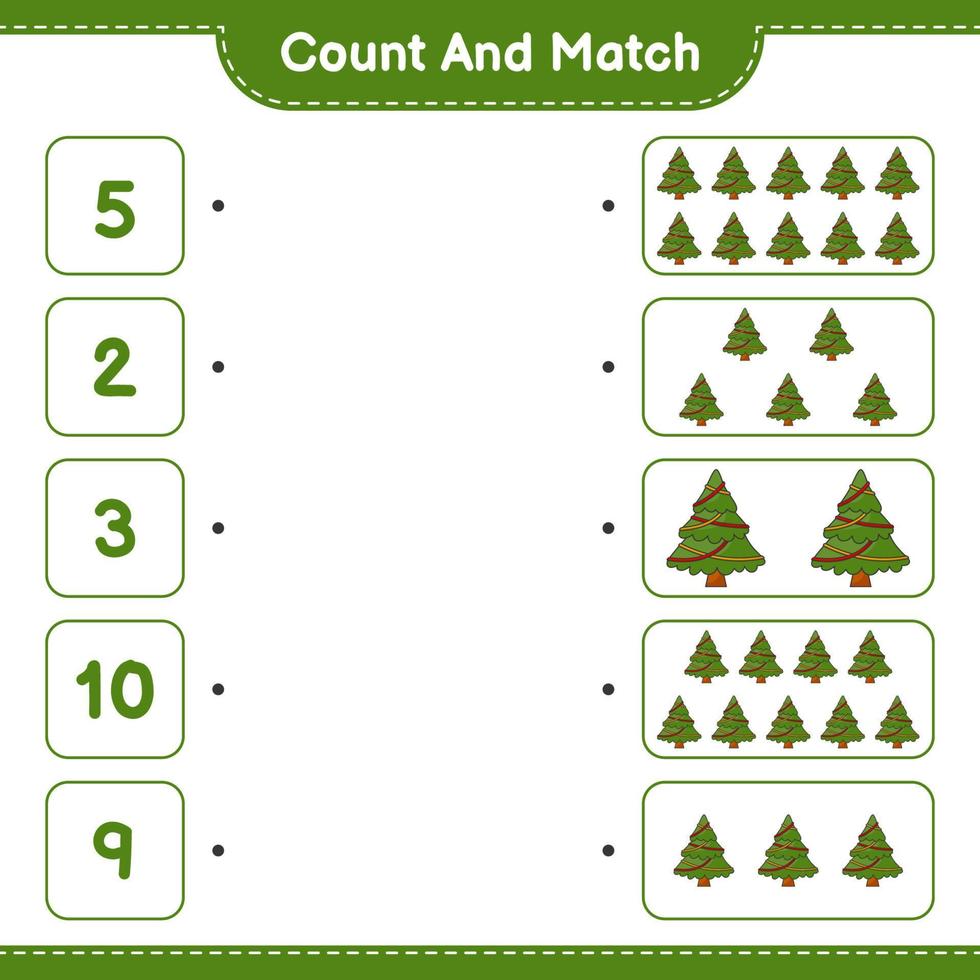 tel en match, tel het aantal kerstboom en match met de juiste nummers. educatief kinderspel, afdrukbaar werkblad, vectorillustratie vector