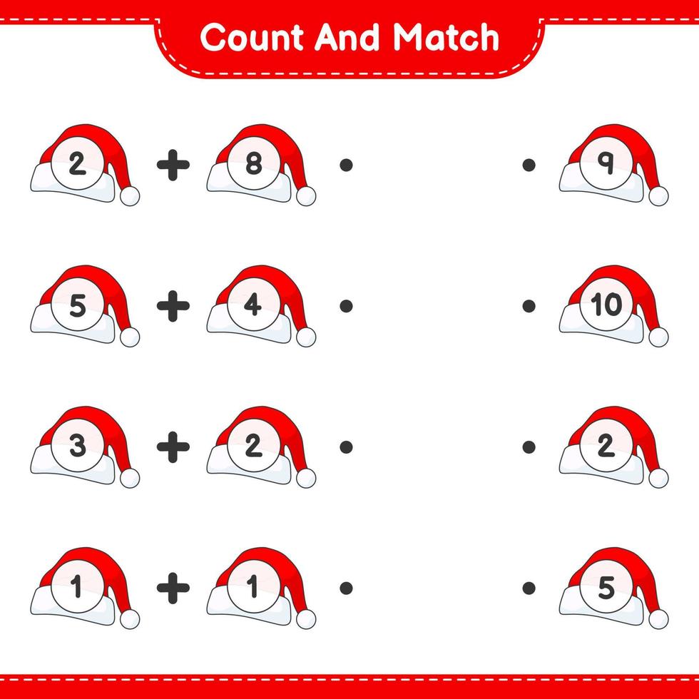 tel en match, tel het aantal kerstmutsen en match met de juiste nummers. educatief kinderspel, afdrukbaar werkblad, vectorillustratie vector