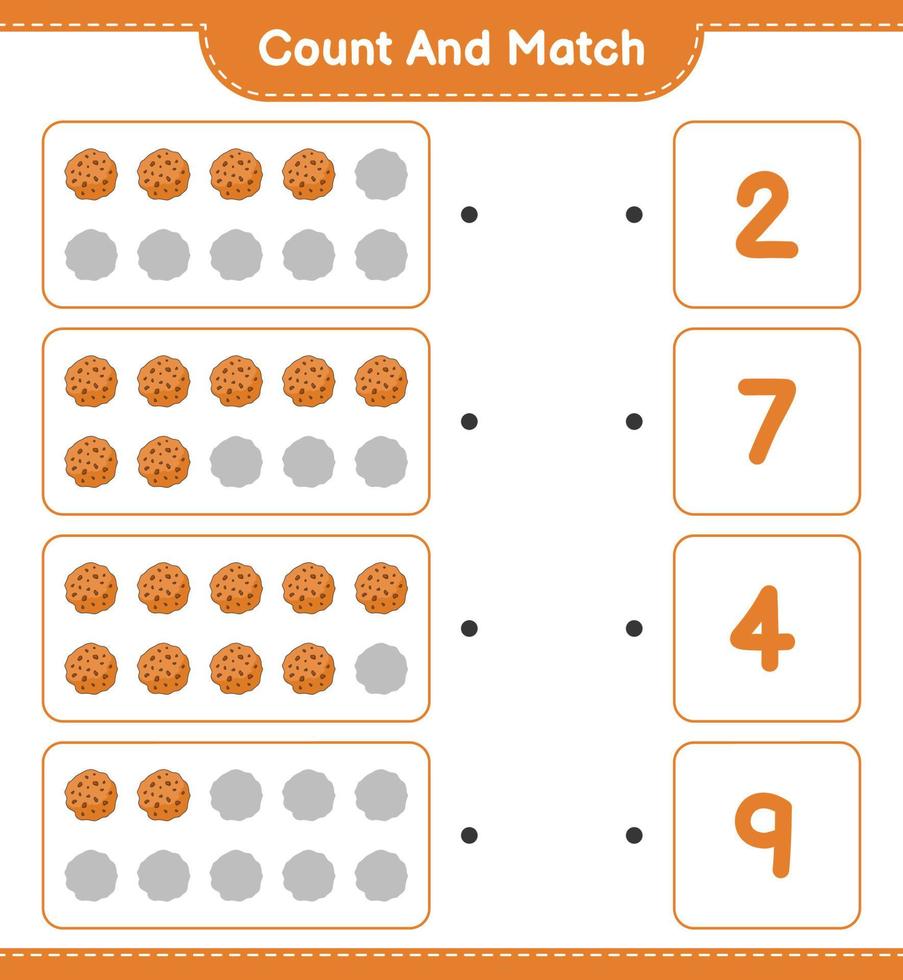 tel en match, tel het aantal cookies en match met de juiste nummers. educatief kinderspel, afdrukbaar werkblad, vectorillustratie vector