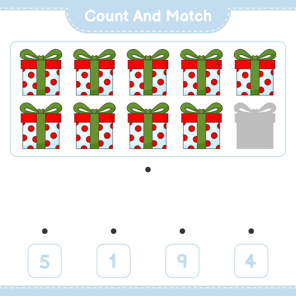 tel en match, tel het aantal geschenkverpakkingen en match met de juiste nummers. educatief kinderspel, afdrukbaar werkblad, vectorillustratie vector