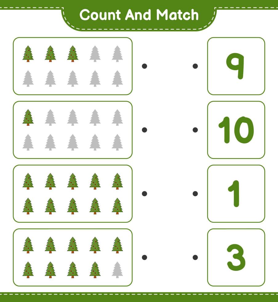 tel en match, tel het aantal kerstboom en match met de juiste nummers. educatief kinderspel, afdrukbaar werkblad, vectorillustratie vector