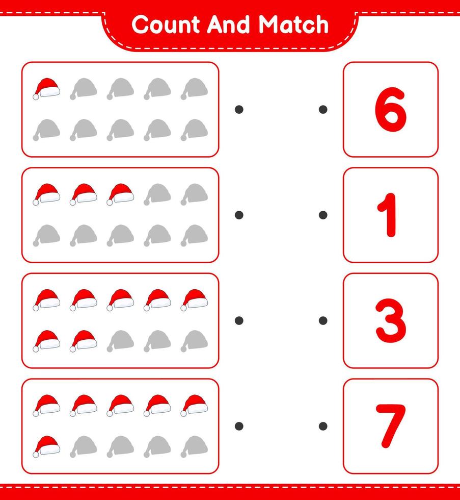 tel en match, tel het aantal kerstmutsen en match met de juiste nummers. educatief kinderspel, afdrukbaar werkblad, vectorillustratie vector