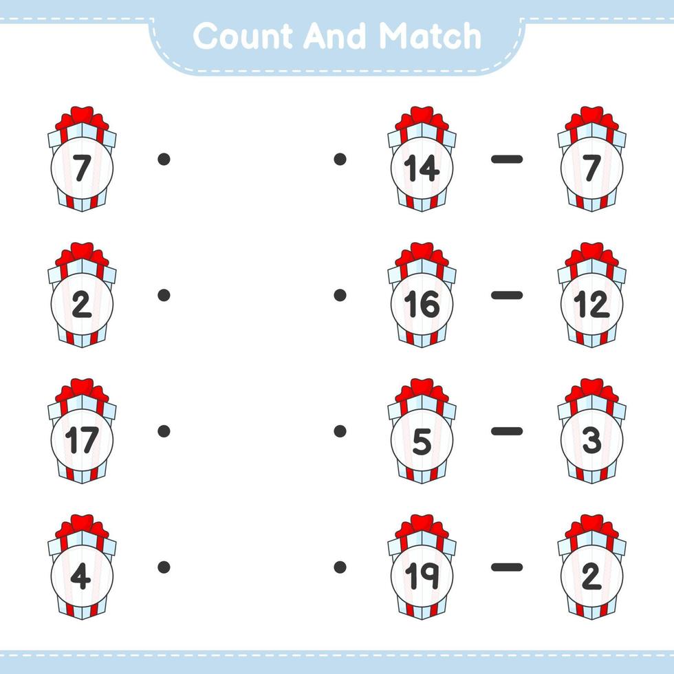 tel en match, tel het aantal geschenkverpakkingen en match met de juiste nummers. educatief kinderspel, afdrukbaar werkblad, vectorillustratie vector