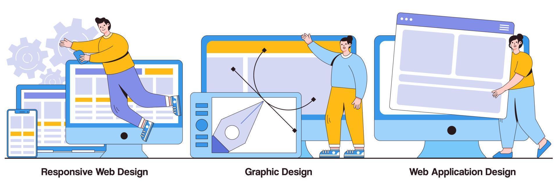 responsief webdesign, grafisch ontwerp, ontwerpconcept voor webapplicaties met karakter van mensen. adaptieve programmering vector illustratie set. ontwikkeling van meerdere apparaten, software engineering metafoor