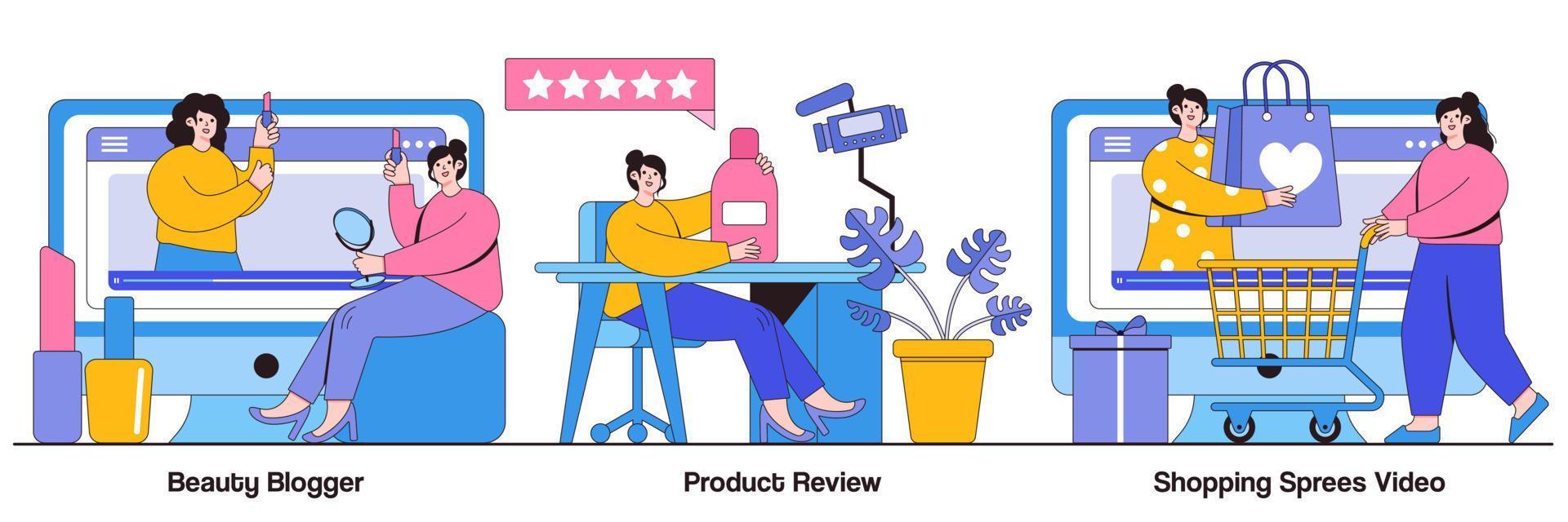 beauty blogger, product review, shopping sprees video concept met mensen karakter. video tutorials abstracte vector illustratie set. influencer marketing, vlogger streaming metafoor