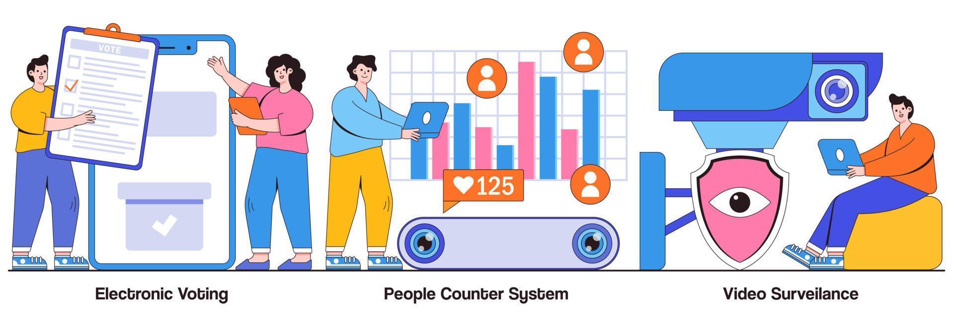 elektronisch stemmen, mensen tegensysteem, videobewakingsconcept met mensenkarakter. beveiligingstechnologie, monitoring systeem abstracte vector illustratie set. ip en cctv camera's metafoor