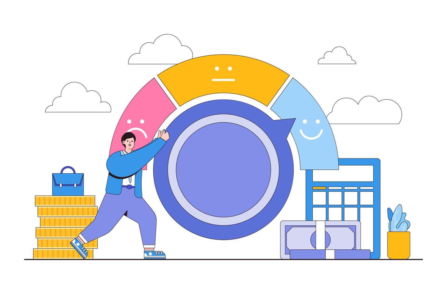 kwaliteitscontrole of -verbetering, kredietscore- of tevredenheidsmeting, prestatiebeoordeling of klantfeedbackconcepten. zakenman die het touw probeert te draaien en de meter in een uitstekende positie brengt vector