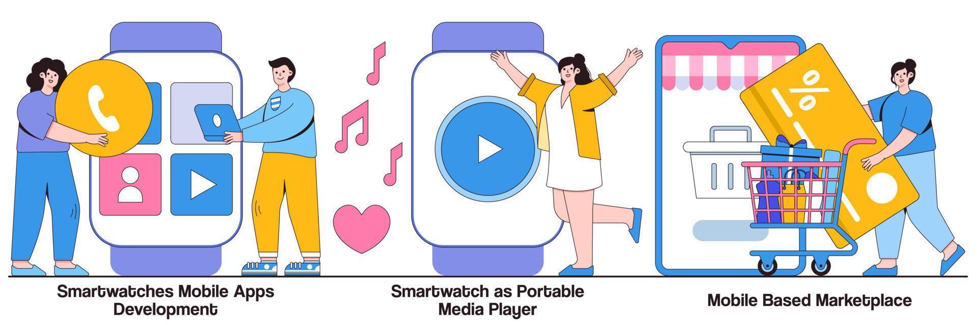 smartwatches ontwikkeling van mobiele apps, draagbare mediaspeler, mobiel marktplaatsconcept met mensenkarakter. draagbare apparaten vector illustratie set. dev team, e-shop app aankoop metafoor