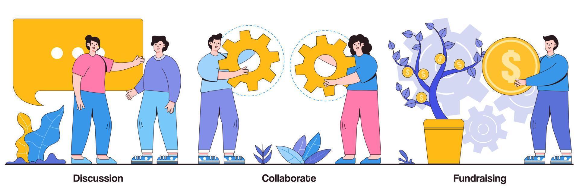 discussie, samenwerking, fondsenwervingsconcept met mensenkarakter. teamwork en coworking webbanners abstract vector illustratie set. online zakelijke conferentie, metafoor voor geldinvesteringen