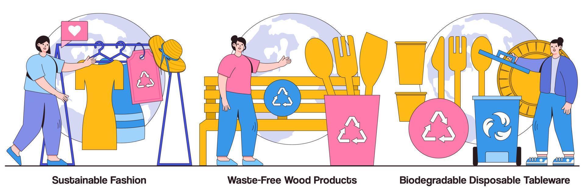 duurzame mode, afvalvrije houtproducten en biologisch afbreekbaar wegwerpservies geïllustreerd pakket vector