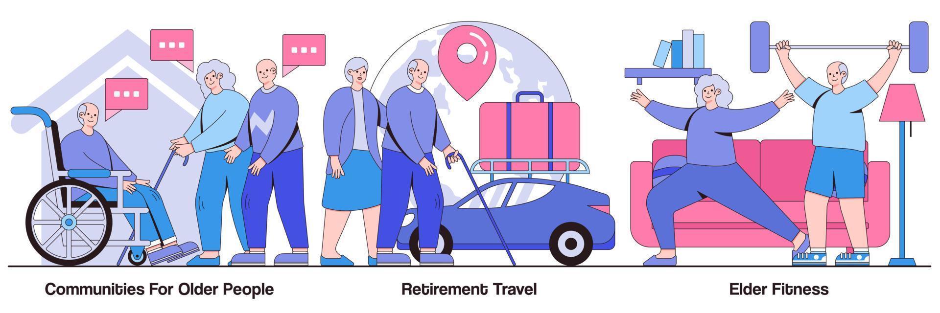 gemeenschappen voor gepensioneerden, pensioenreizen en geïllustreerd fitnesspakket voor ouderen vector