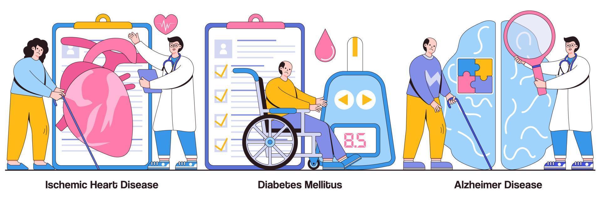 ischemische hartziekte, diabetes mellitus, alzheimerconcept met mensenkarakter. ouderen gezondheidsproblemen vector illustratie set. dementie, kransslagader, bloedsuiker, geheugenverlies