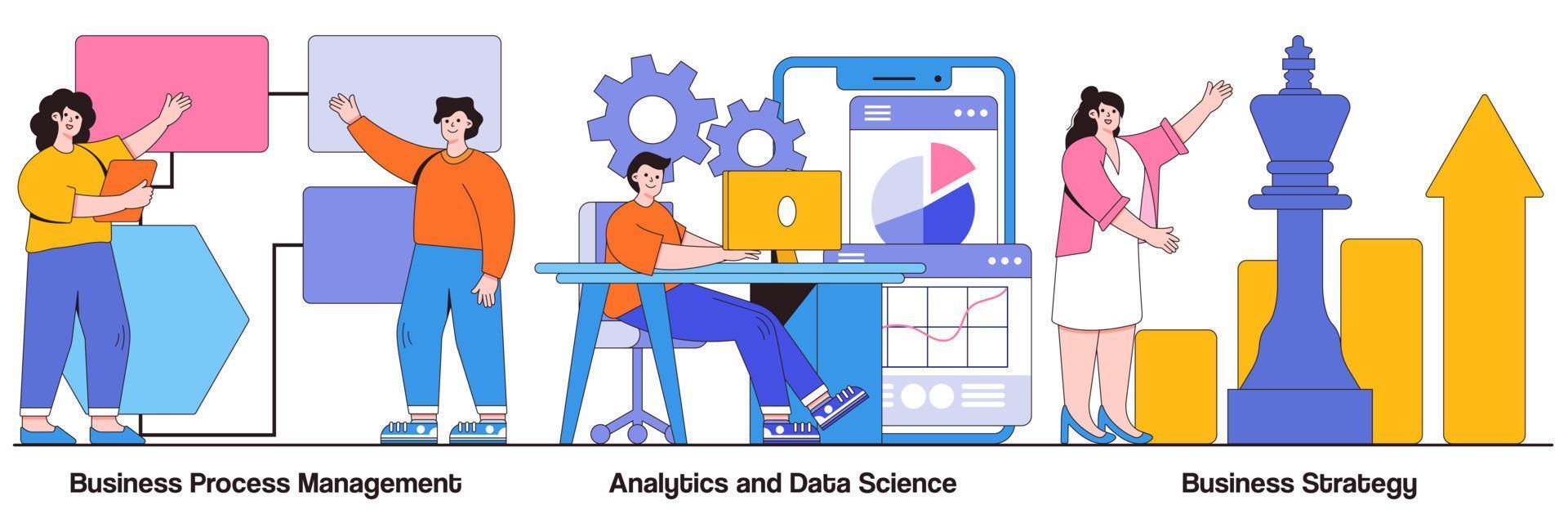 bedrijfsprocesbeheer, analyse en datawetenschap, bedrijfsstrategieconcept met kleine mensen. workflow organisatie, statistische analyse, corporate planning abstracte vector illustratie set