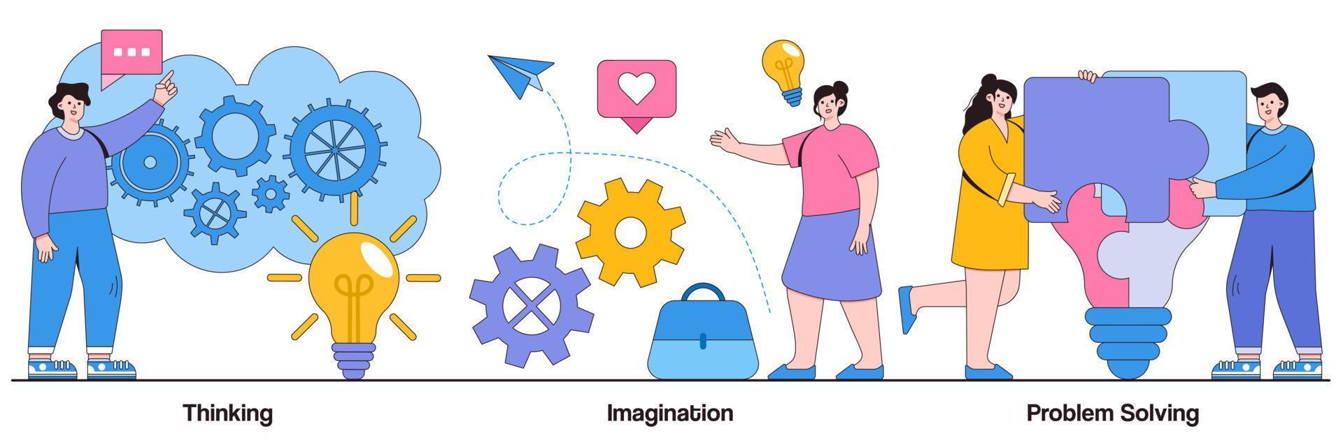 denken, verbeelding, probleemoplossend concept met kleine mensen. hersenactiviteit abstracte vector illustratie set. brainstormen, idee en fantasie, motivatie en inspiratie, vind oplossing metafoor