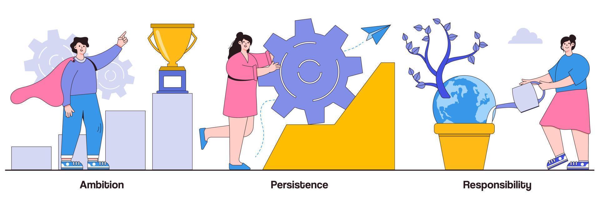 ambitie, doorzettingsvermogen en verantwoordelijkheidsconcept met kleine mensen. doel prestatie vector illustratie set. snelle carrière maken, zelfverzekerd, motivatie en vastberadenheid, succesmetafoor