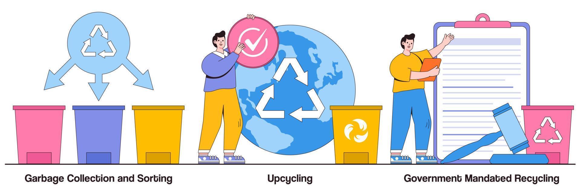 afval sorteren, upcycling, door de overheid verplicht recyclingconcept met karakter van mensen. afvalinzameling en recycling problemen vector illustratie set. huishoudelijke verwijdering, creatief hergebruik metafoor