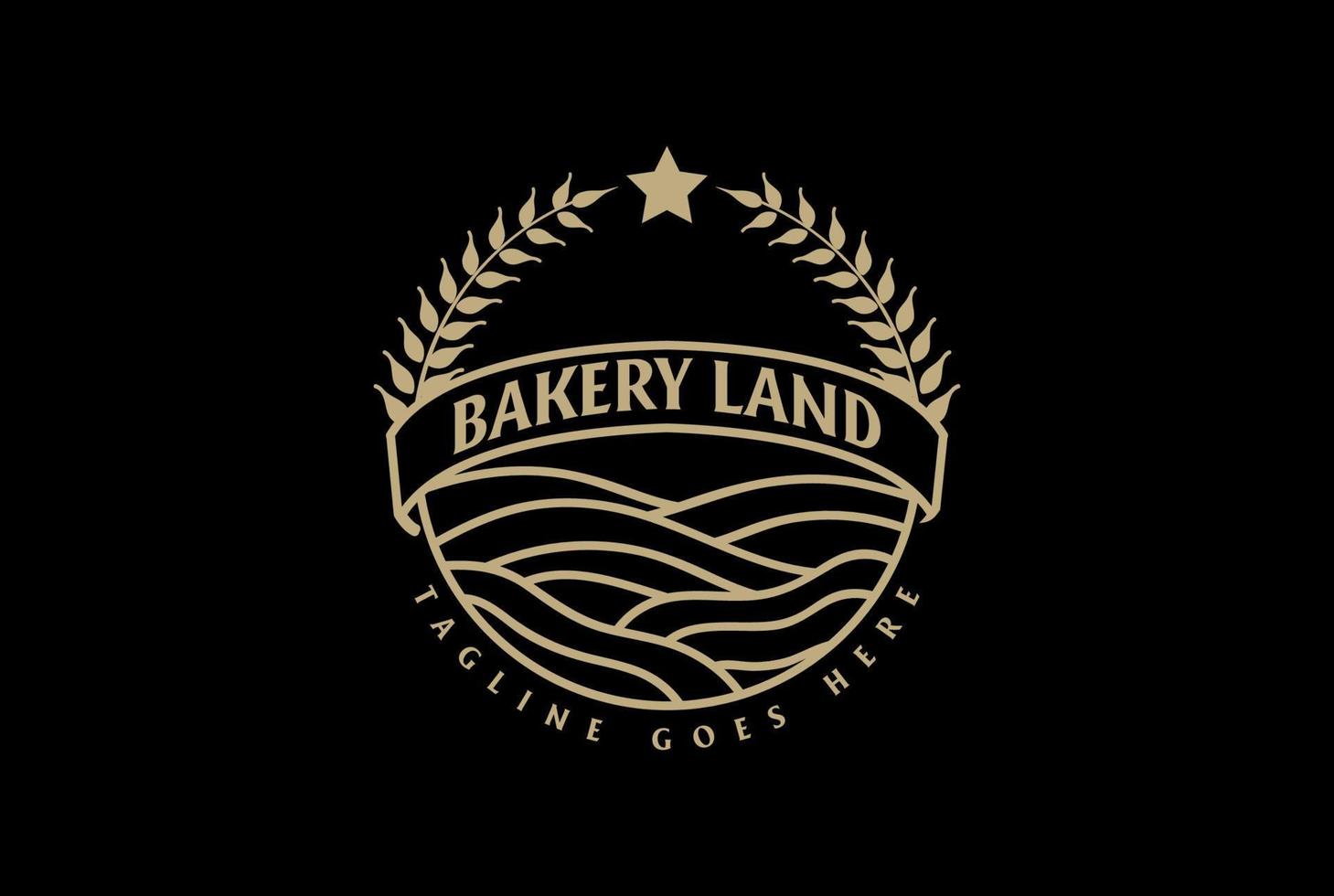 gouden land met rijst tarwe of laurierblad voor bak bakkerij cake label logo ontwerp vector