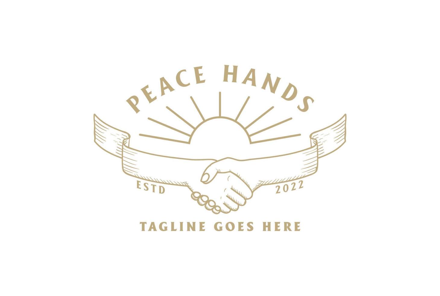 vintage handdruklint met gouden zon voor vredesakkoord gemeenschapseenheid teamwerk logo-ontwerp vector