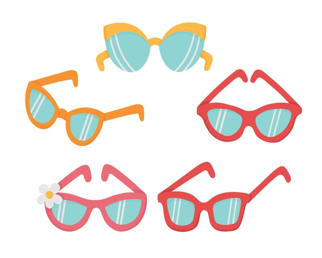 een set eenvoudige klassieke zonnebrillen om te wandelen bij zonnig weer. platte doodle clipart. alle objecten zijn opnieuw geschilderd. vector