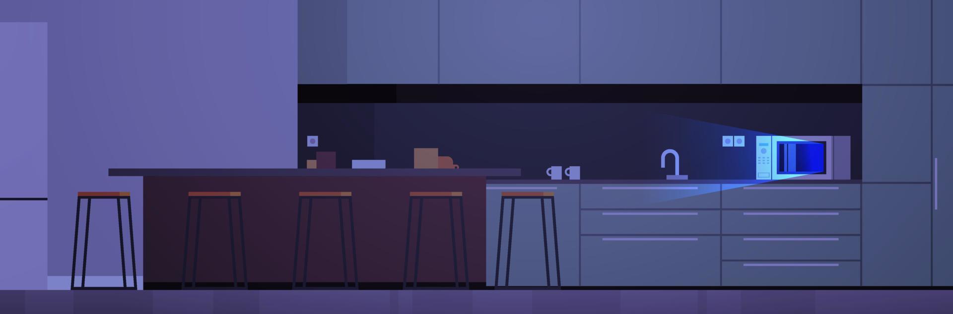 moderne keuken interieur geen mensen en huishoudelijke apparaten donkere nacht concept platte ontwerp illustratie. vector
