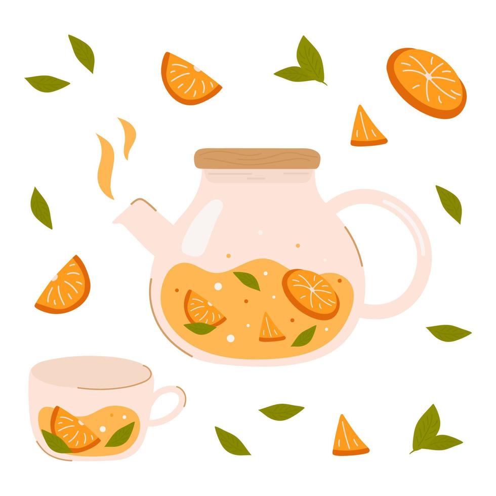 set van glazen theepot, theekopje met fruit op witte achtergrond. theewinkel, café-barmenu, theekransje, drankenconcept. vectorillustratie. poster, spandoek, kaart, omslag, menu, ansichtkaart vector