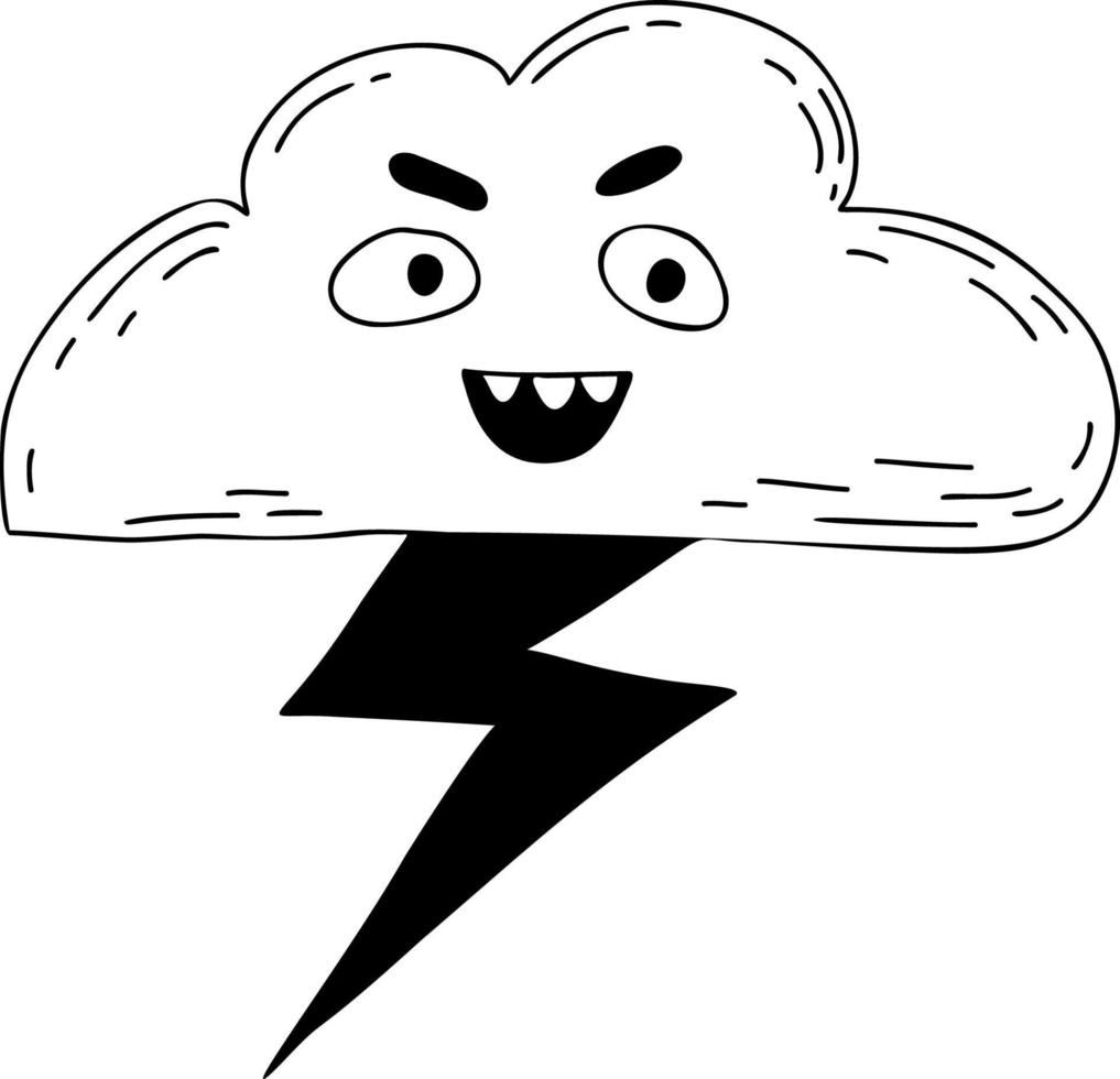 grappige cartoon karakter wolk met bliksem. vectorillustratie. lineaire handgetekende doodle vector