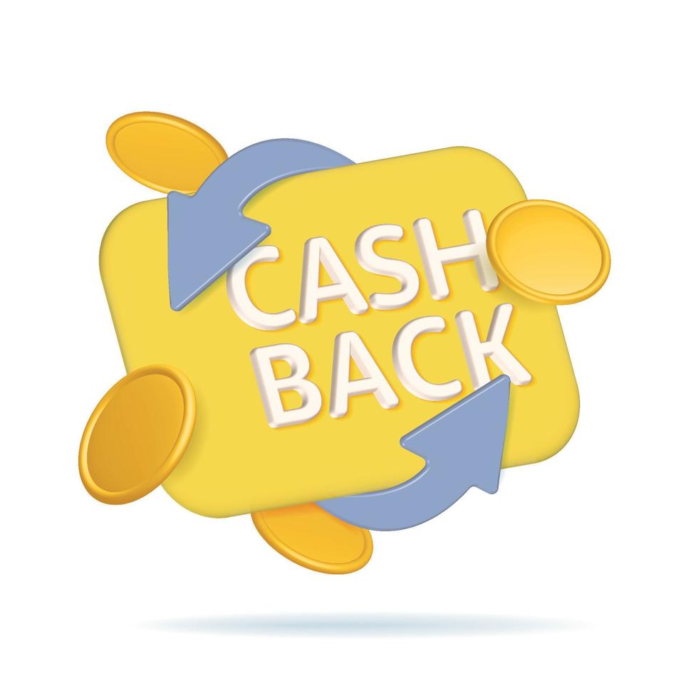 3D render cashback en geld teruggave concept. kaart met tekst, vallende munten en twee pijlen. online betalingspromo. vector geïsoleerde illustratie