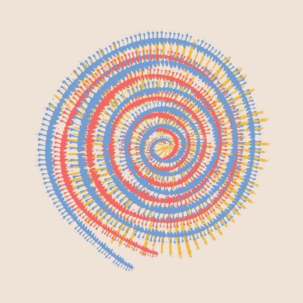 kleurrijke spiraalvormige pint voor textielprint. spiraal regenboog cirkel. geverfd traditioneel patroon. hippie borstel werveling. cirkel stropdas kleurstof concept. swirl jaren 70 textiel stijl. geel geverfde vector achtergrond