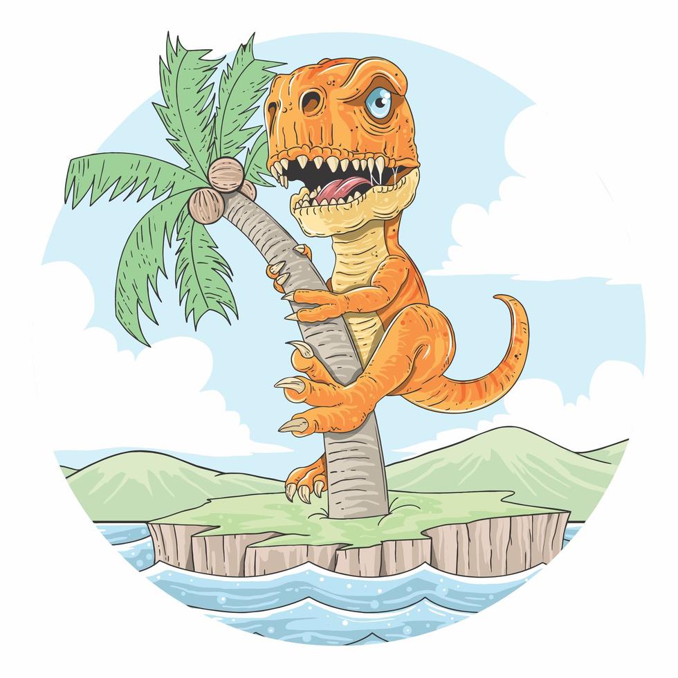 cartoon t rex die palmboom beklimmen vector