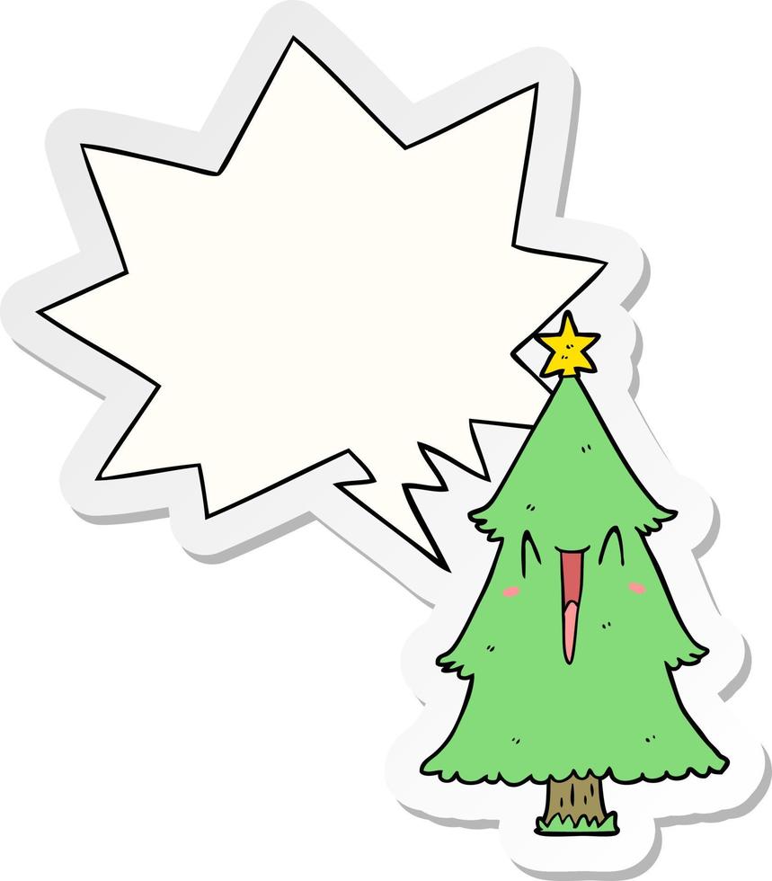 cartoon kerstboom en tekstballon sticker vector