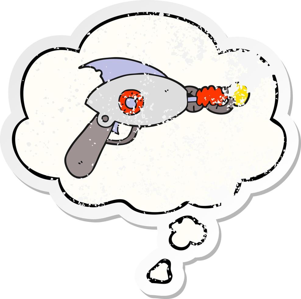 cartoon ray gun en gedachte bel als een versleten versleten sticker vector