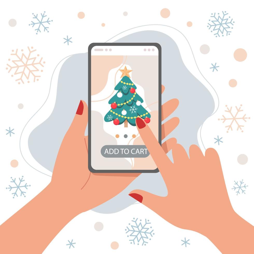 online winkelen met smartphone, kerstboom op scherm vector