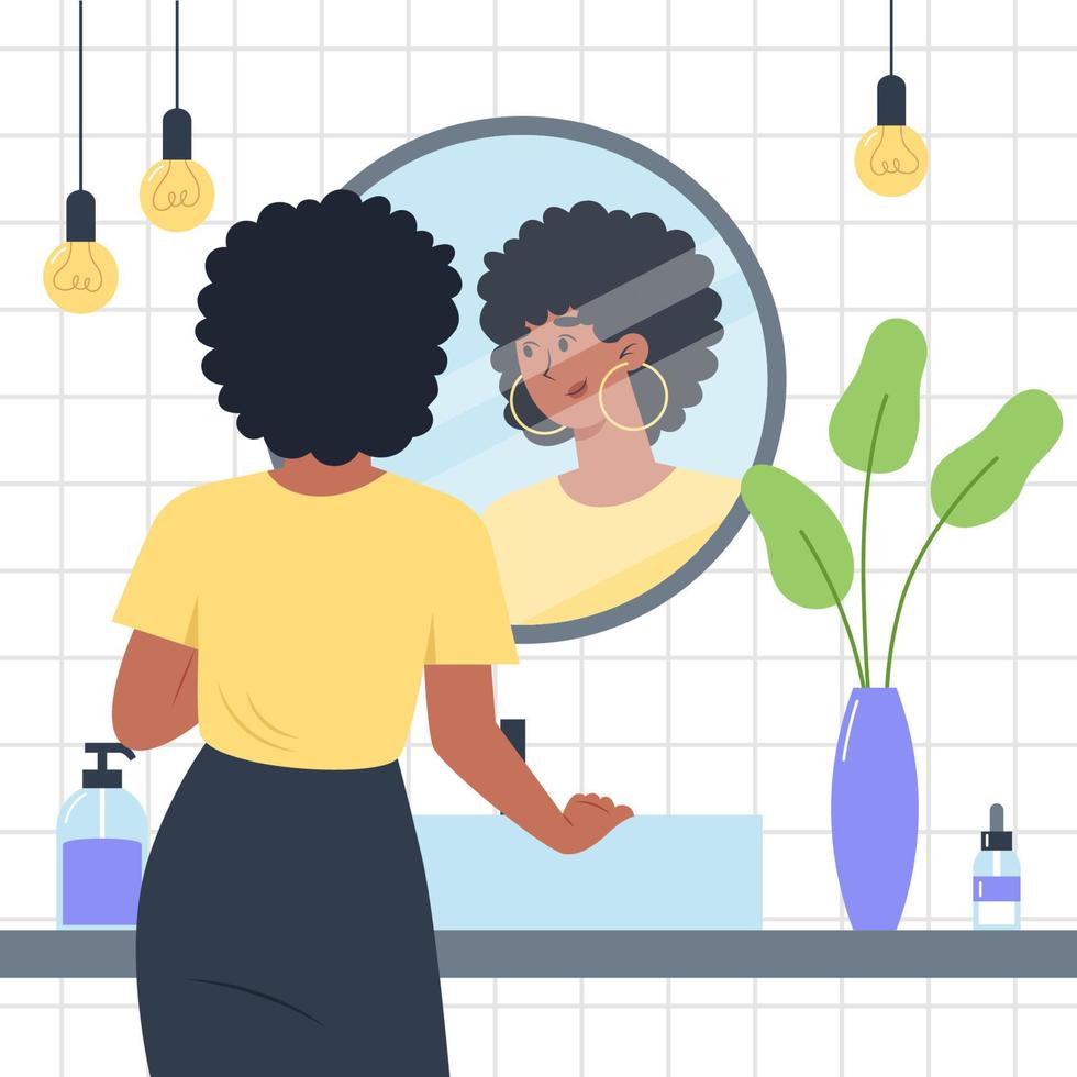 dagelijkse persoonlijke verzorging, huidverzorging dagelijkse routine, vrouw staat voor een spiegel in de badkamer en bekijkt zichzelf in reflectie vector