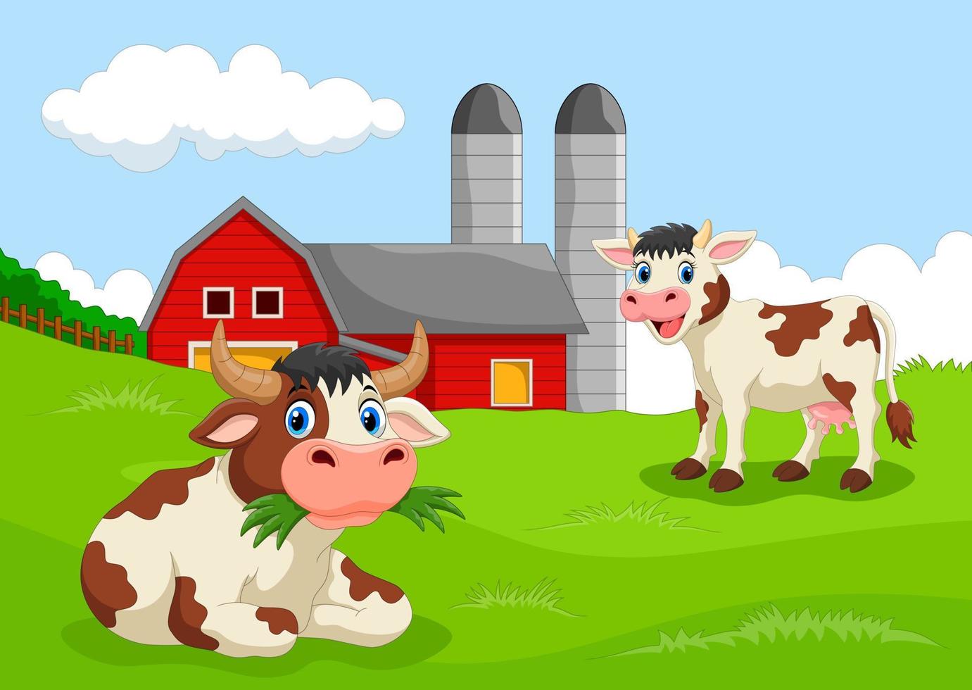 grappige koeien met boerderijachtergrond vector
