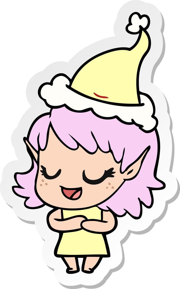 vrolijke sticker cartoon van een elfmeisje met een kerstmuts vector