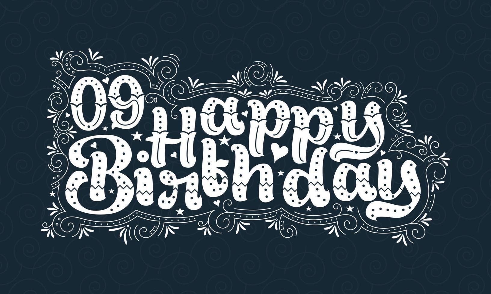 9e gelukkige verjaardag belettering, 9 jaar verjaardag mooi typografieontwerp met stippen, lijnen en bladeren. vector