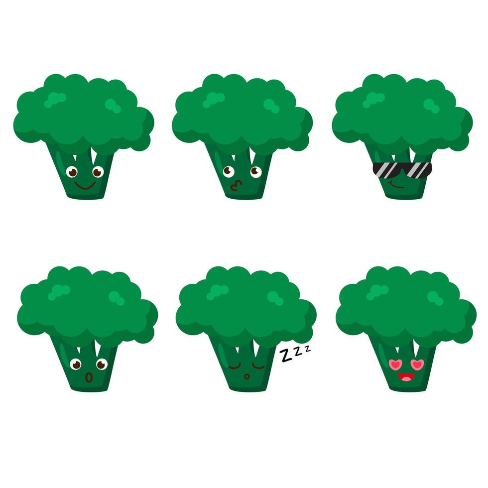 set van broccoli emoji's. kawaii stijliconen, plantaardige karakters. vectorillustratie in cartoon vlakke stijl. set van grappige glimlachen of emoticons. goede voeding en veganistisch concept. illustratie voor kinderen vector