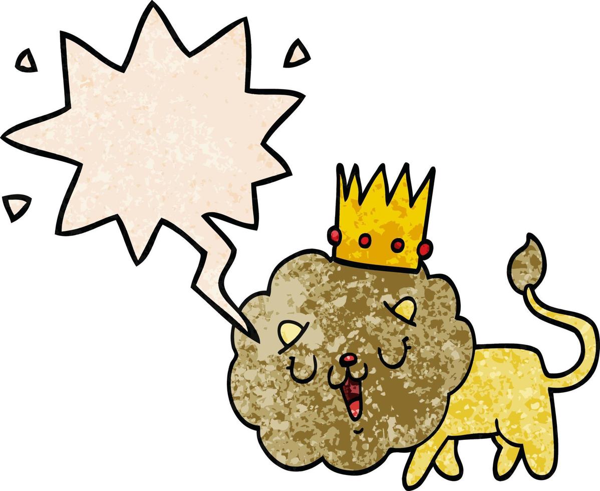 cartoon leeuw en kroon en tekstballon in retro textuurstijl vector