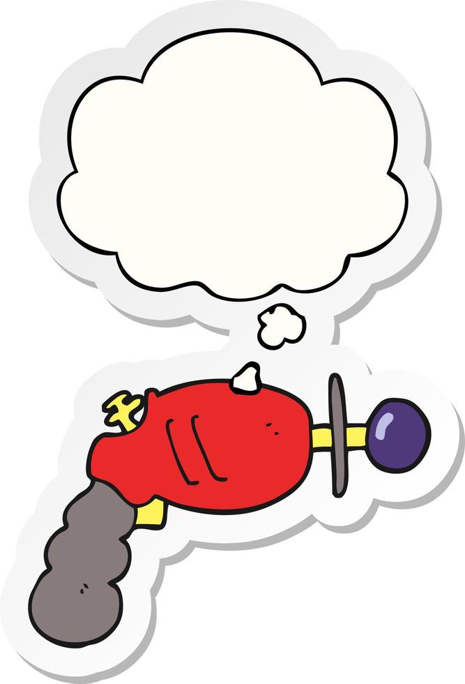 cartoon ray gun en gedachte bel als een gedrukte sticker vector