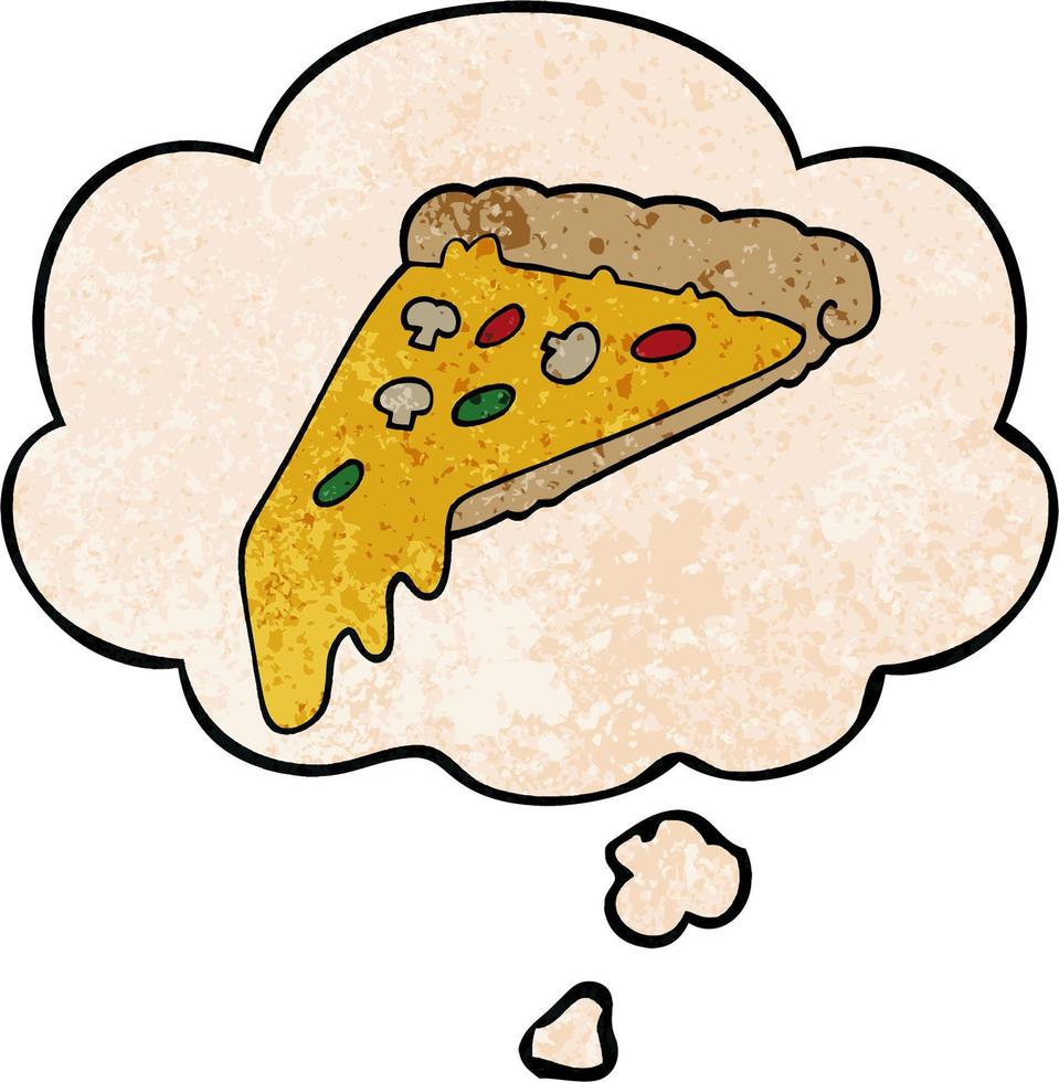 cartoon pizza slice en gedachte bel in grunge textuur patroon stijl vector