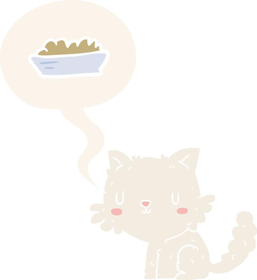 schattige cartoon kat en eten en tekstballon in retro stijl vector