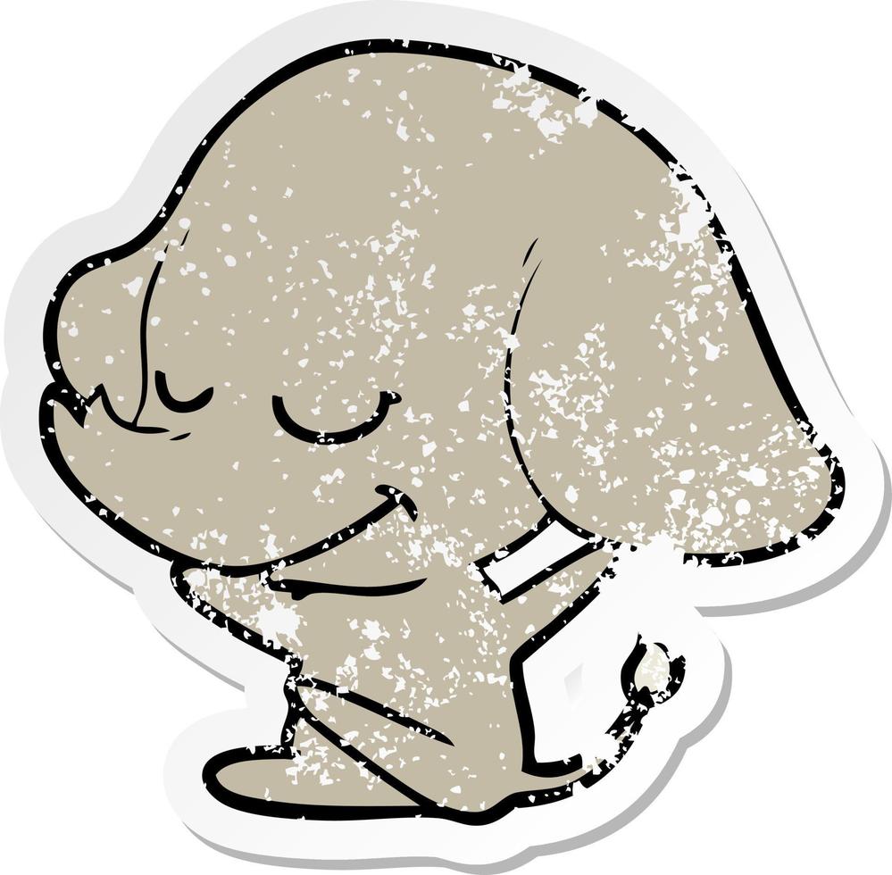 verontruste sticker van een cartoon lachende olifant vector