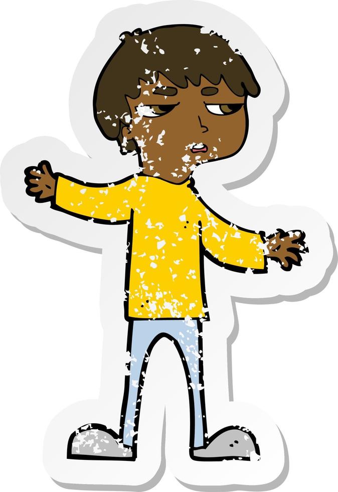 retro verontruste sticker van een cartoon geïrriteerde jongen vector